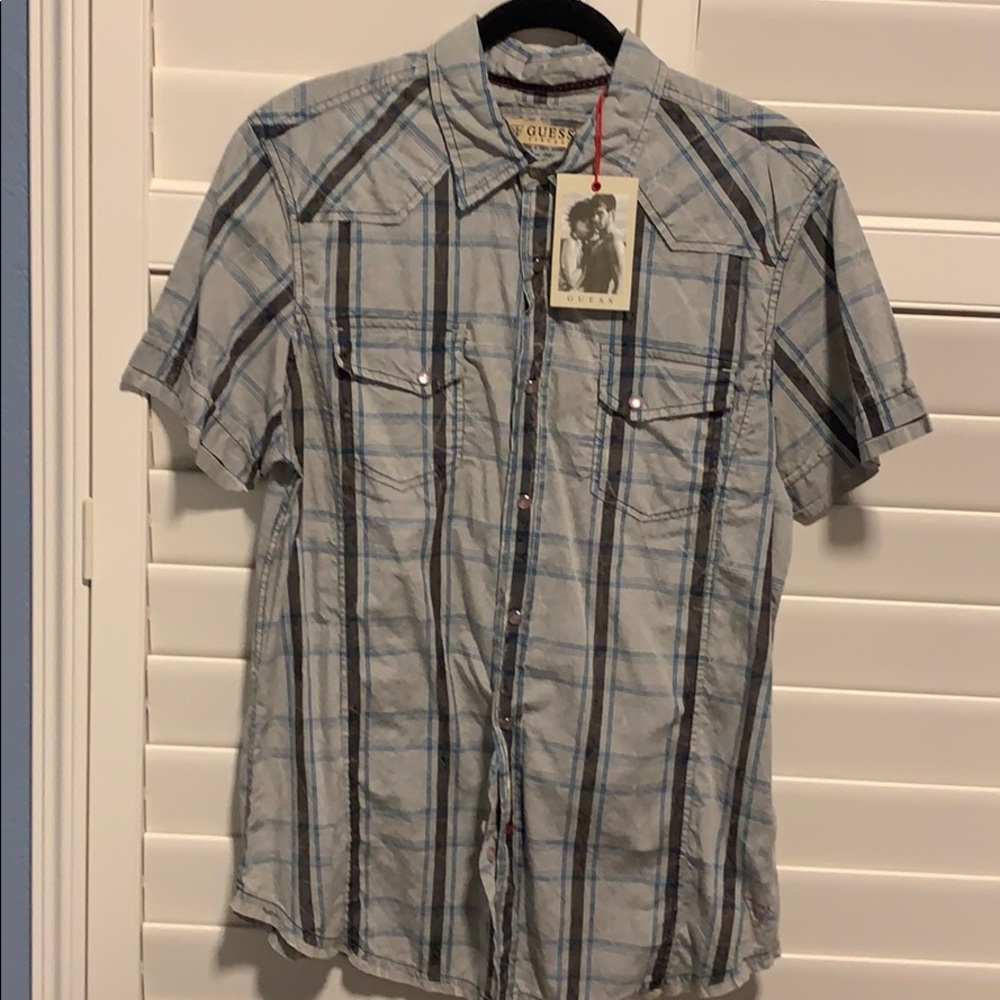 GUESS Distressed Plaid Button-Down Shirt